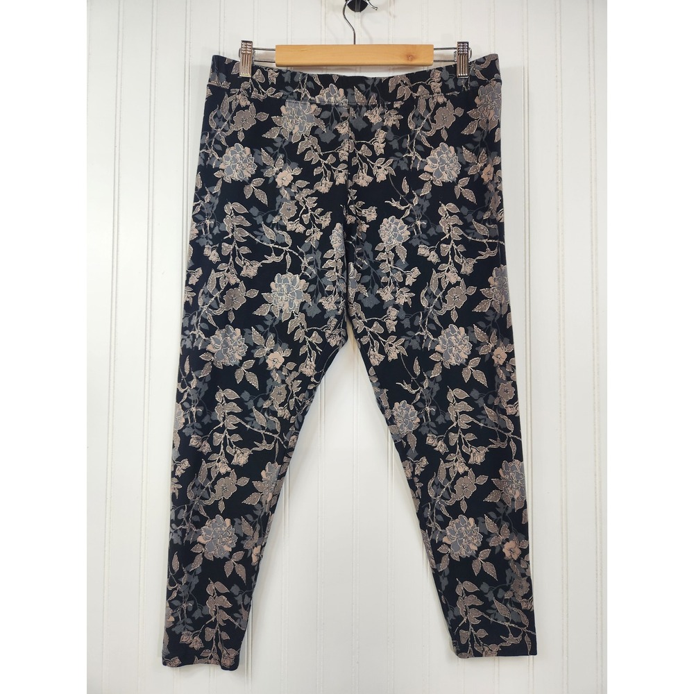 Soft Surroundings Women's Black Tan Floral Leggings Large Petite Cotton 34x25